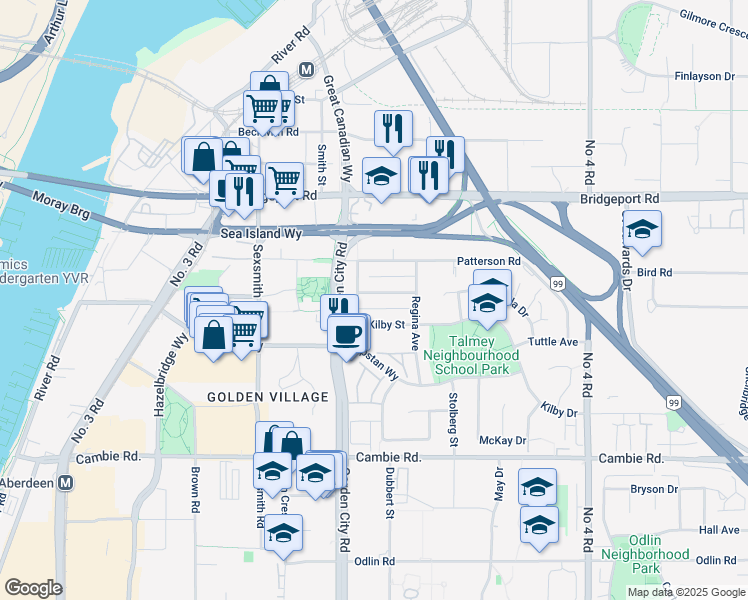 map of restaurants, bars, coffee shops, grocery stores, and more near 9160 Walford Street in Richmond