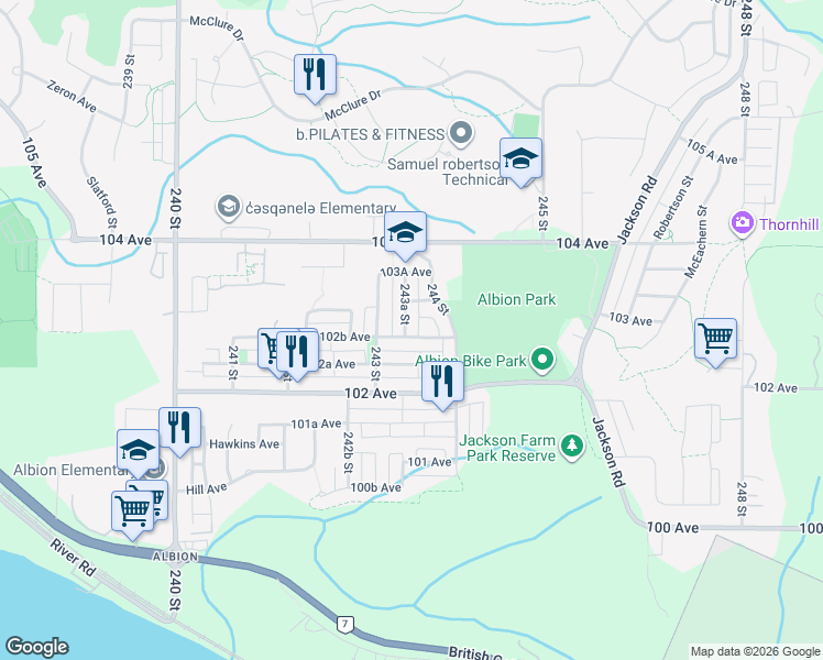 map of restaurants, bars, coffee shops, grocery stores, and more near 24360 103 Avenue in Maple Ridge