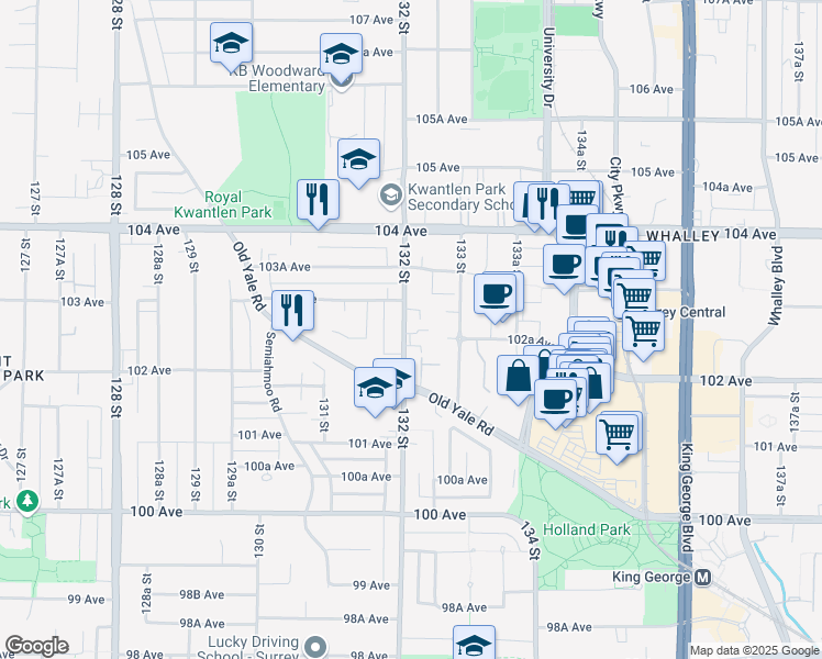 map of restaurants, bars, coffee shops, grocery stores, and more near in Surrey