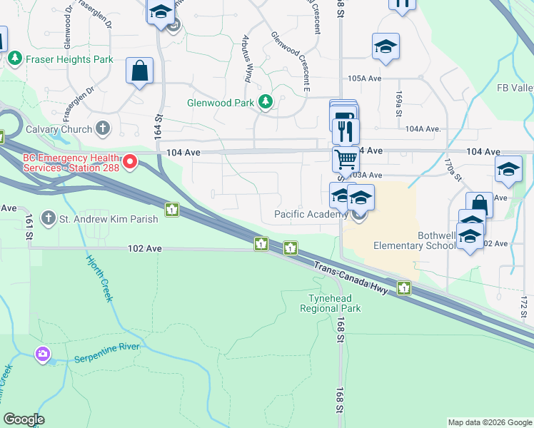 map of restaurants, bars, coffee shops, grocery stores, and more near 10258 166A Street in Surrey