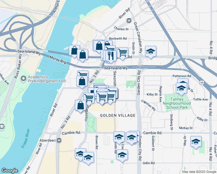 map of restaurants, bars, coffee shops, grocery stores, and more near 8688 Hazelbridge Way in Richmond
