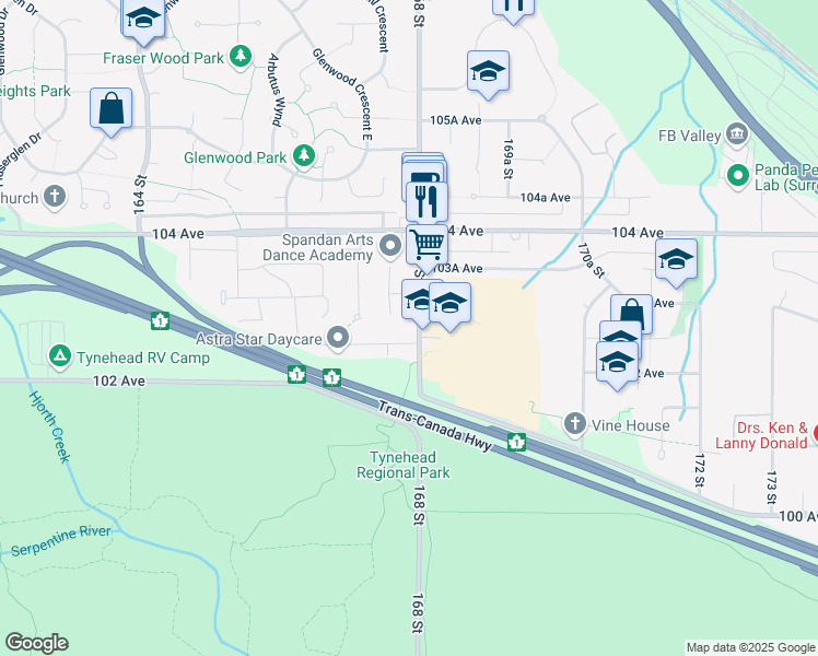 map of restaurants, bars, coffee shops, grocery stores, and more near 10261 168 Street in Surrey