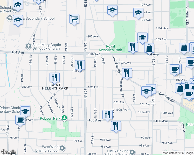 map of restaurants, bars, coffee shops, grocery stores, and more near 10258 128A Street in Surrey