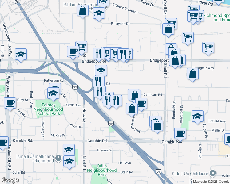 map of restaurants, bars, coffee shops, grocery stores, and more near 10291 Caithcart Road in Richmond