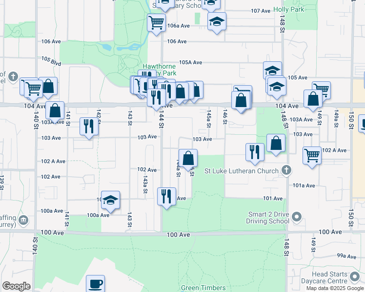 map of restaurants, bars, coffee shops, grocery stores, and more near 10266 144A Street in Surrey