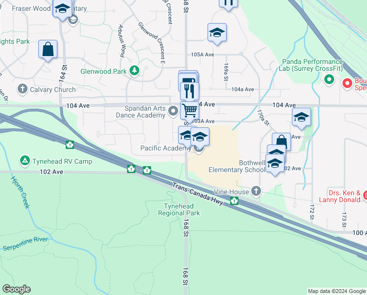 map of restaurants, bars, coffee shops, grocery stores, and more near 10261 168 Street in Surrey