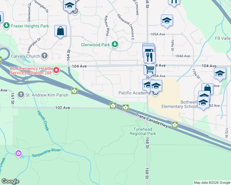 map of restaurants, bars, coffee shops, grocery stores, and more near 10266 166A Street in Surrey