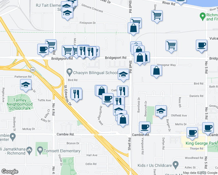 map of restaurants, bars, coffee shops, grocery stores, and more near 10551 Caithcart Road in Richmond