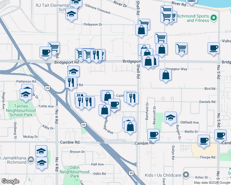 map of restaurants, bars, coffee shops, grocery stores, and more near 10551 Caithcart Road in Richmond