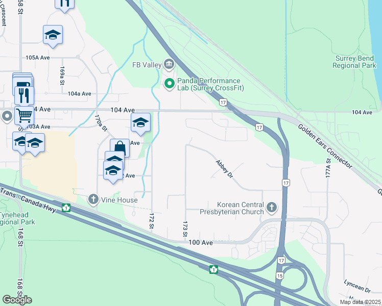 map of restaurants, bars, coffee shops, grocery stores, and more near 10276 173 Street in Surrey