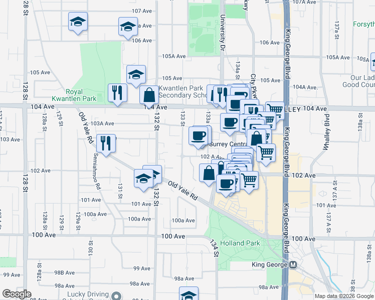 map of restaurants, bars, coffee shops, grocery stores, and more near in Surrey