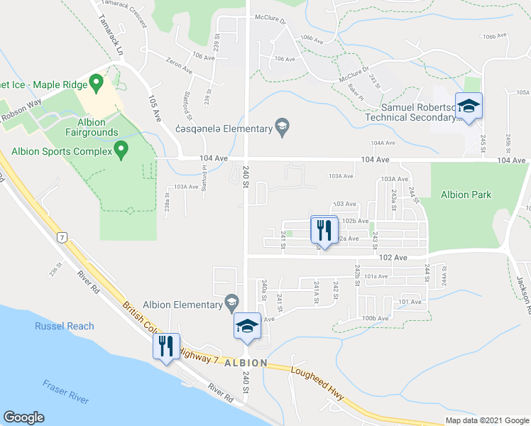 map of restaurants, bars, coffee shops, grocery stores, and more near 10294 240 Street in Maple Ridge