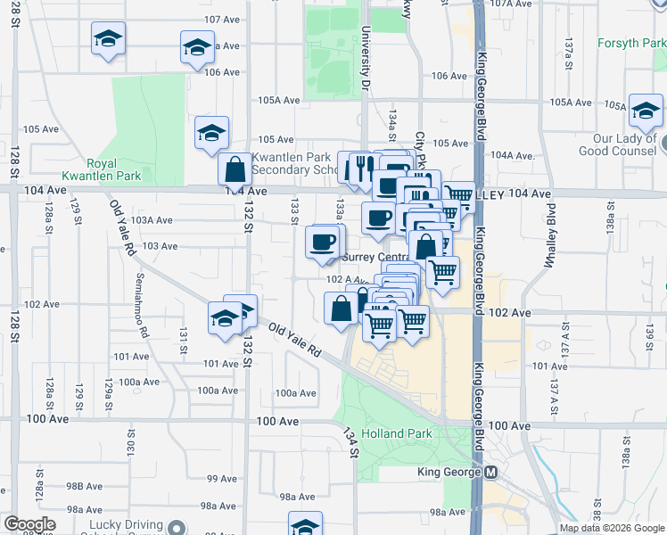 map of restaurants, bars, coffee shops, grocery stores, and more near 13339 102 A Avenue in Surrey