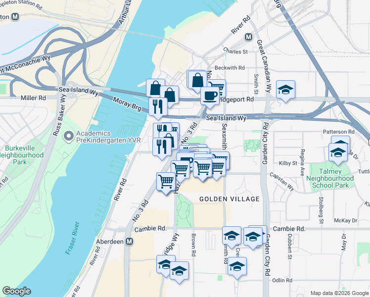 map of restaurants, bars, coffee shops, grocery stores, and more near 3328 Number 3 Road in Richmond