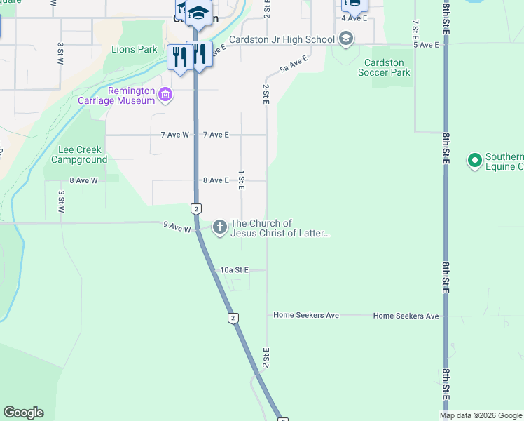 map of restaurants, bars, coffee shops, grocery stores, and more near 863 2 Street East in Cardston