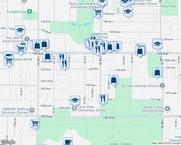 map of restaurants, bars, coffee shops, grocery stores, and more near 14338 103 Avenue in Surrey