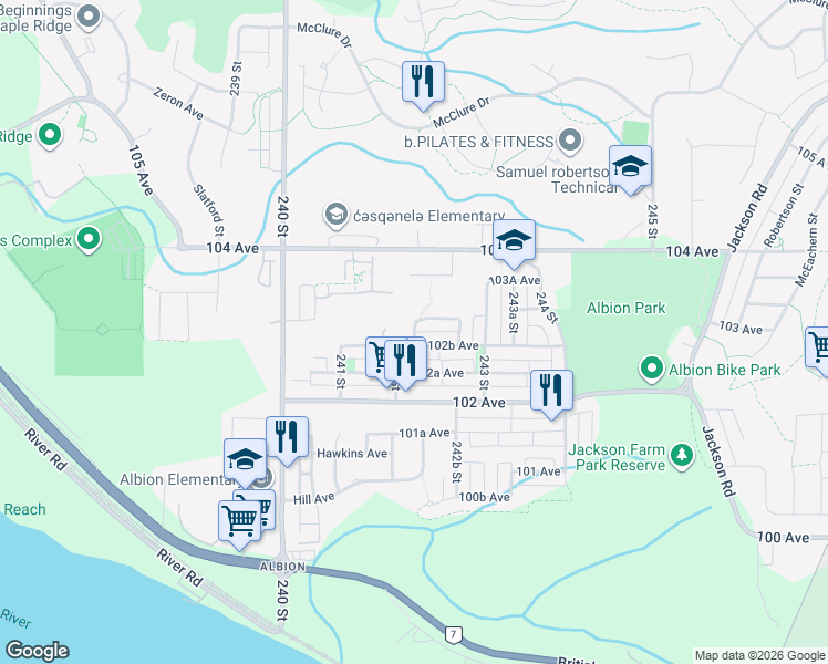 map of restaurants, bars, coffee shops, grocery stores, and more near 241B Street in Maple Ridge