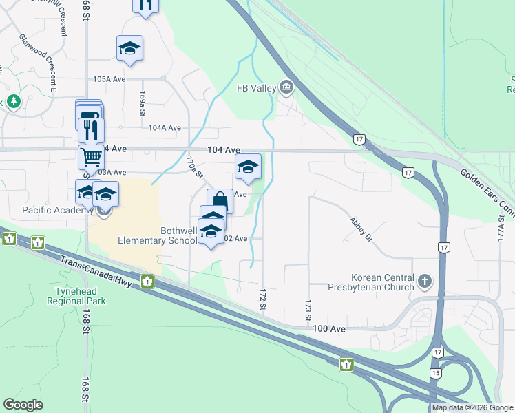 map of restaurants, bars, coffee shops, grocery stores, and more near 10285 172 Street in Surrey