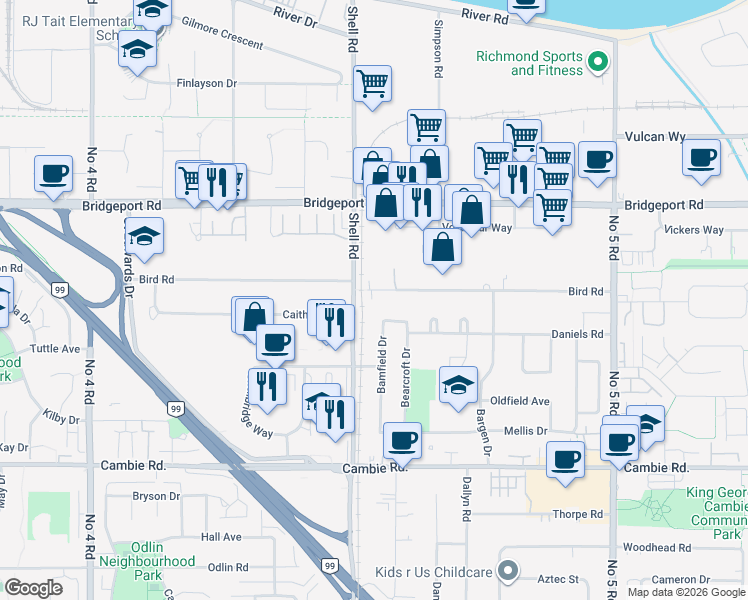map of restaurants, bars, coffee shops, grocery stores, and more near 11040 Bird Road in Richmond