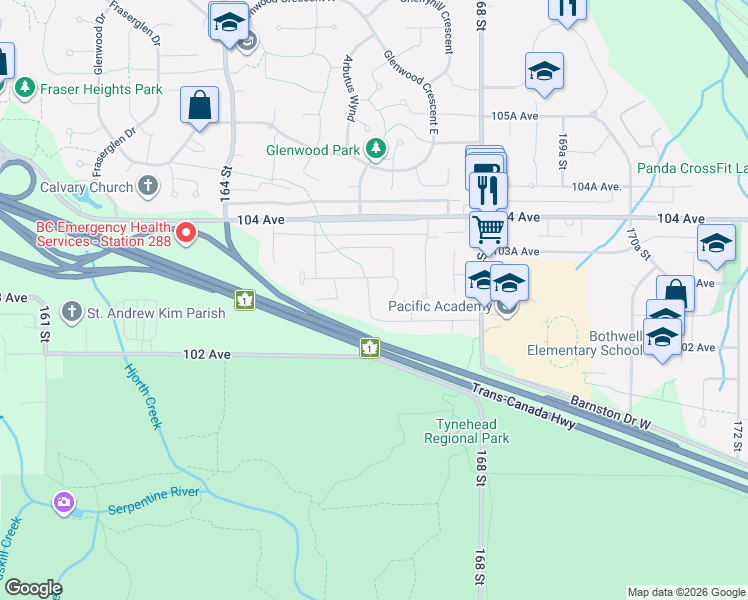 map of restaurants, bars, coffee shops, grocery stores, and more near 10272 166A Street in Surrey