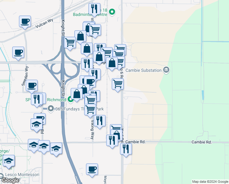map of restaurants, bars, coffee shops, grocery stores, and more near 3231 Number 6 Road in Richmond