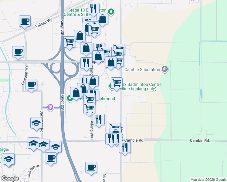 map of restaurants, bars, coffee shops, grocery stores, and more near 3231 Number 6 Road in Richmond