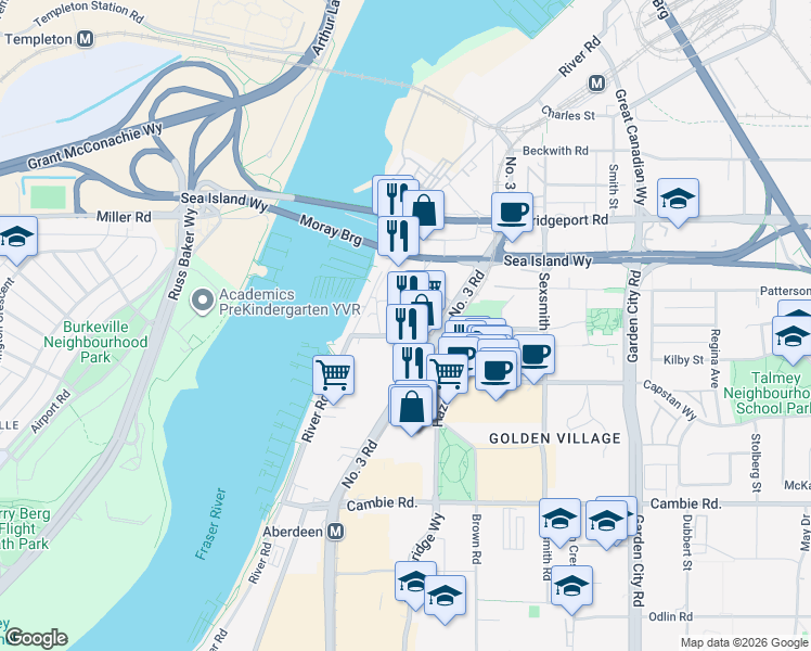 map of restaurants, bars, coffee shops, grocery stores, and more near 8155 Capstan Way in Richmond