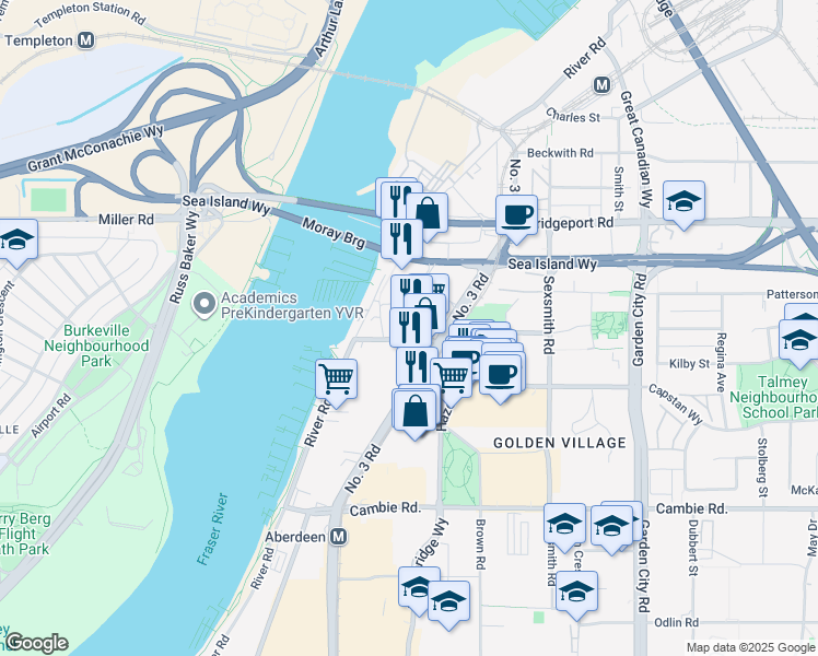 map of restaurants, bars, coffee shops, grocery stores, and more near 8155 Capstan Way in Richmond