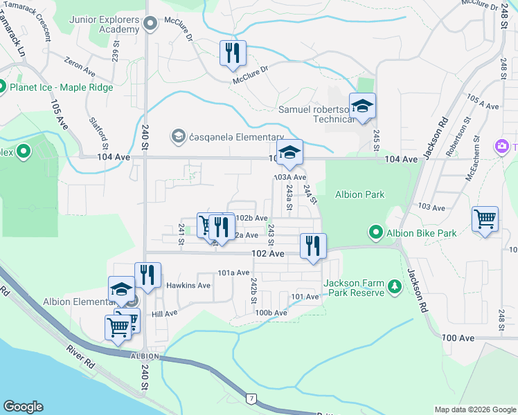 map of restaurants, bars, coffee shops, grocery stores, and more near 10280 242B Street in Maple Ridge
