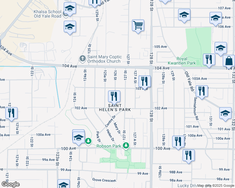 map of restaurants, bars, coffee shops, grocery stores, and more near 10266 126 Street in Surrey