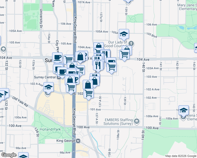 map of restaurants, bars, coffee shops, grocery stores, and more near 13738 Central Avenue in Surrey