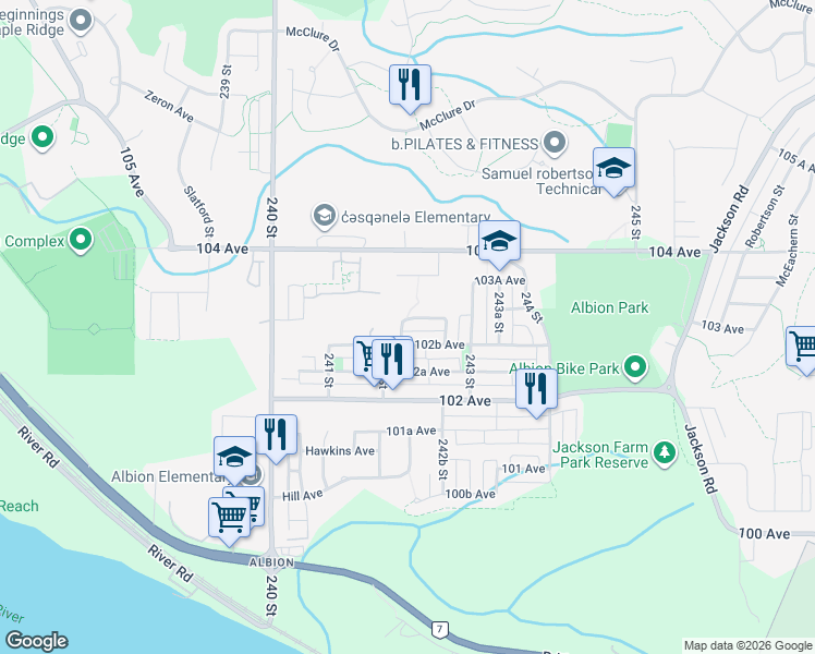 map of restaurants, bars, coffee shops, grocery stores, and more near 24182 103 Avenue in Maple Ridge