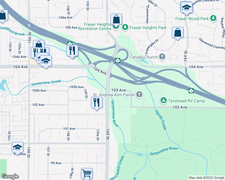 map of restaurants, bars, coffee shops, grocery stores, and more near 16028 103 Avenue in Surrey