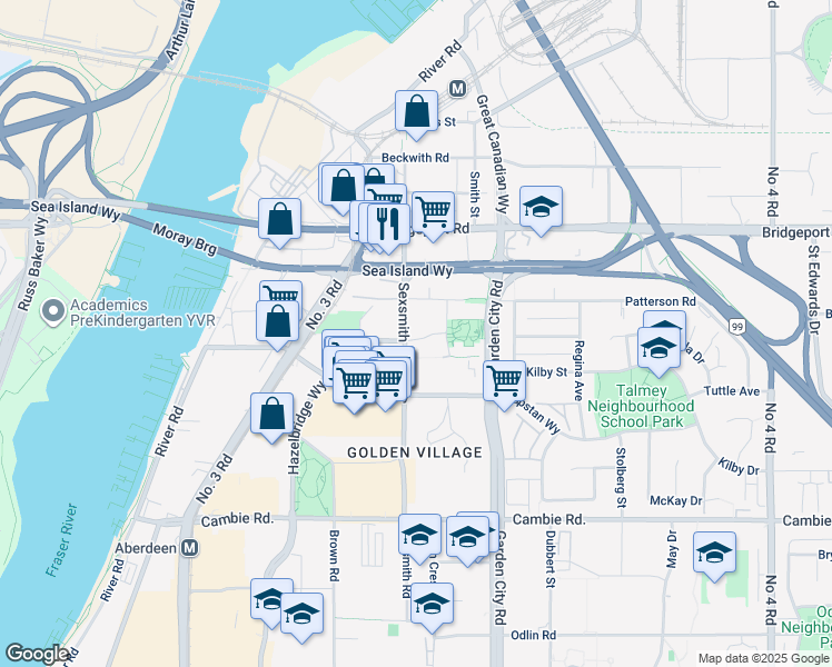 map of restaurants, bars, coffee shops, grocery stores, and more near 8833 Hazelbridge Way in Richmond