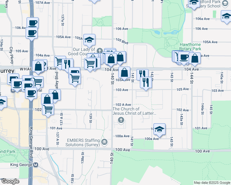 map of restaurants, bars, coffee shops, grocery stores, and more near 13756 103 Avenue in Surrey