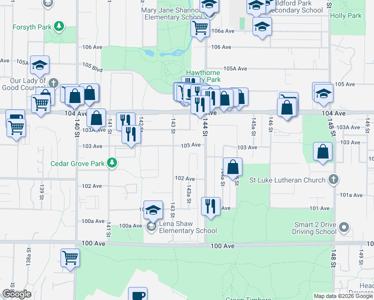 map of restaurants, bars, coffee shops, grocery stores, and more near 14338 103 Avenue in Surrey