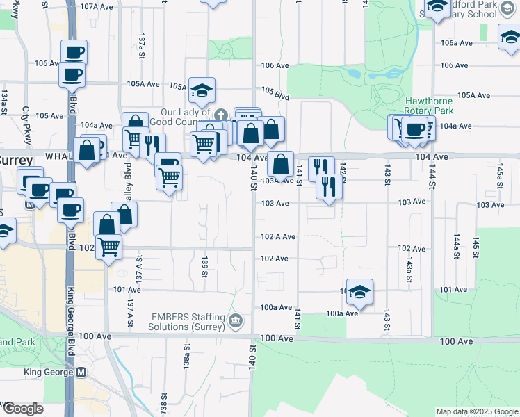 map of restaurants, bars, coffee shops, grocery stores, and more near 9072 103 Avenue in Surrey