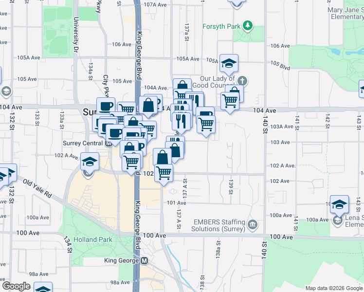 map of restaurants, bars, coffee shops, grocery stores, and more near 13738 Central Avenue in Surrey