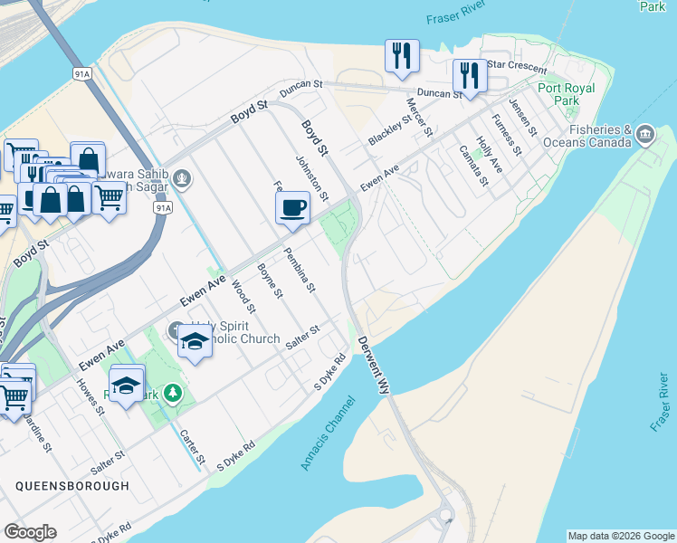 map of restaurants, bars, coffee shops, grocery stores, and more near 201 Salter Street in New Westminster