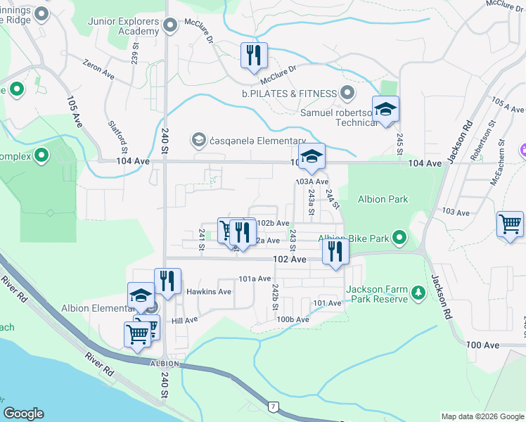 map of restaurants, bars, coffee shops, grocery stores, and more near 24222 103 Avenue in Maple Ridge