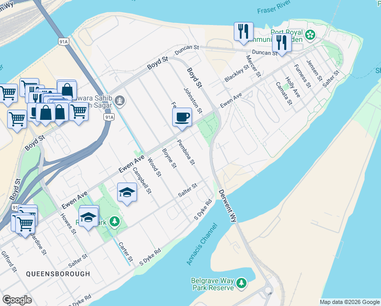 map of restaurants, bars, coffee shops, grocery stores, and more near 235 Pembina Street in New Westminster