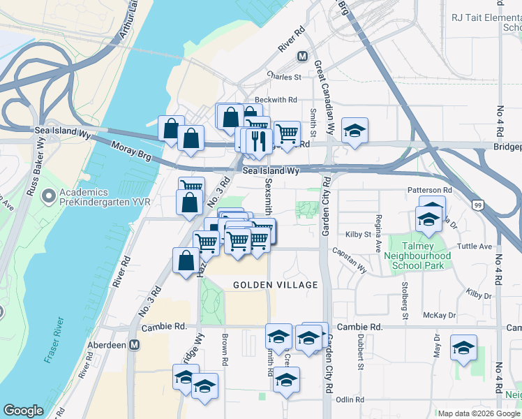 map of restaurants, bars, coffee shops, grocery stores, and more near 8699 Hazelbridge Way in Richmond