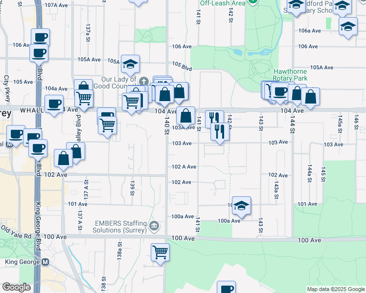 map of restaurants, bars, coffee shops, grocery stores, and more near 14052 103 Avenue in Surrey
