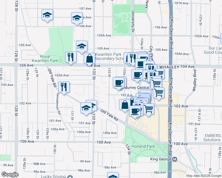map of restaurants, bars, coffee shops, grocery stores, and more near in Surrey