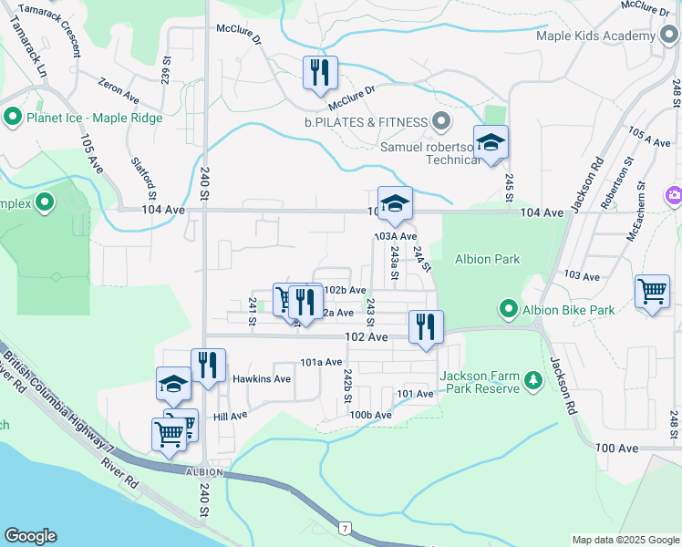 map of restaurants, bars, coffee shops, grocery stores, and more near 24254 103 Avenue in Maple Ridge