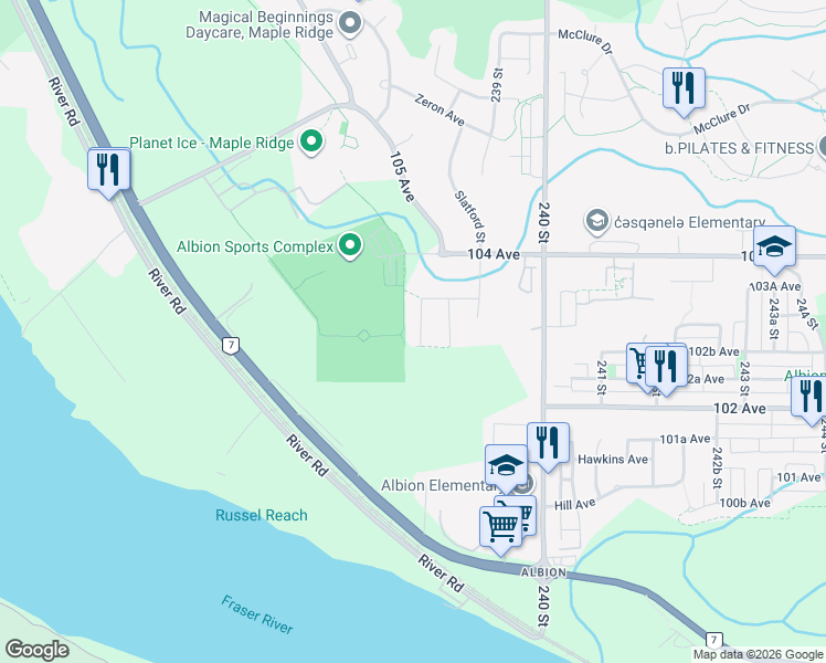map of restaurants, bars, coffee shops, grocery stores, and more near 10273 238A Street in Maple Ridge