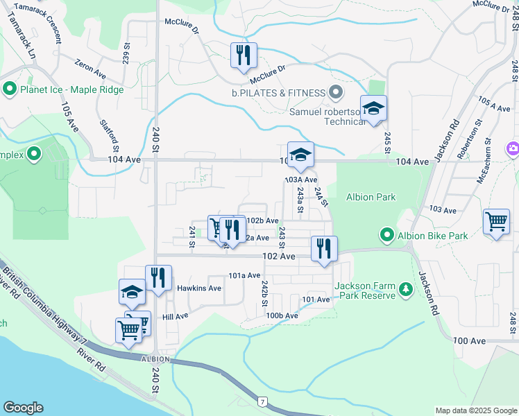 map of restaurants, bars, coffee shops, grocery stores, and more near 24254 103 Avenue in Maple Ridge