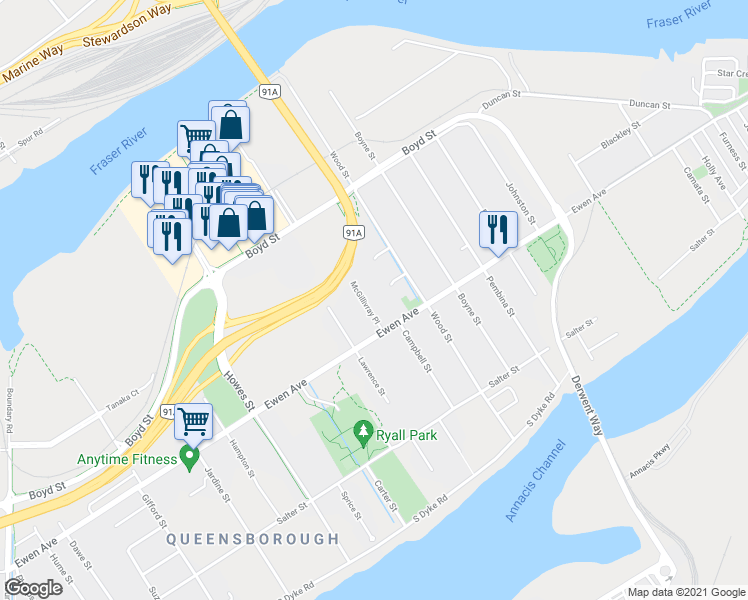 map of restaurants, bars, coffee shops, grocery stores, and more near 325 McGillivray Place in New Westminster