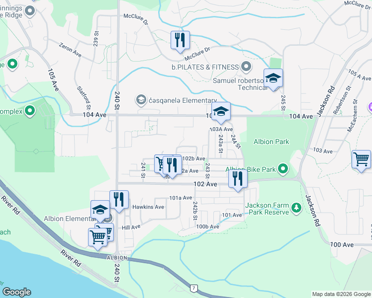 map of restaurants, bars, coffee shops, grocery stores, and more near 24182 103 Avenue in Maple Ridge
