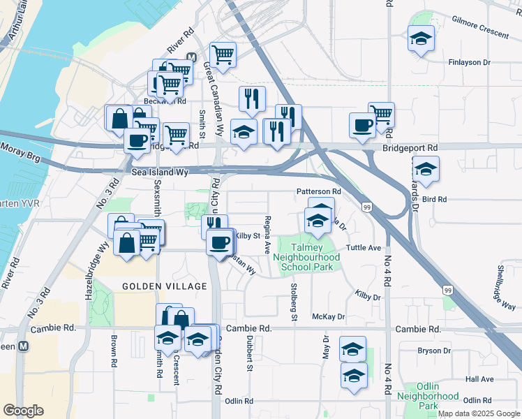 map of restaurants, bars, coffee shops, grocery stores, and more near 3251 Regina Avenue in Richmond